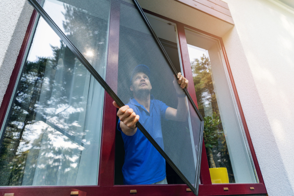 Technician installing a new bug screen on a residential window in Richmond